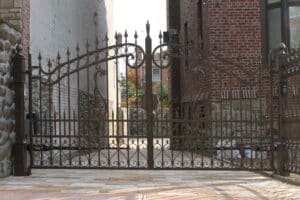 Steel driveway gate with dragon inlay