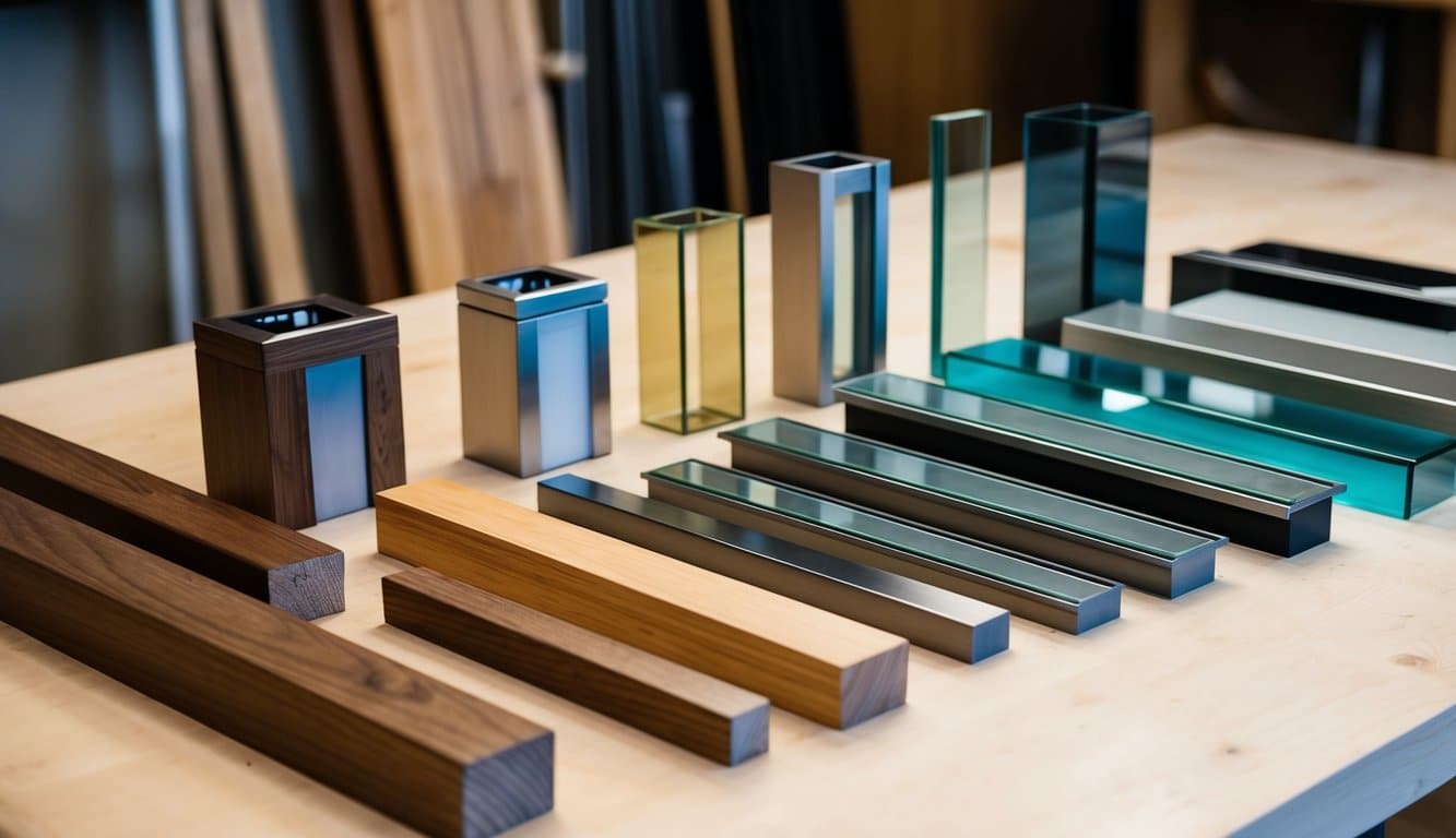 A selection of baluster materials arranged on a workbench. Wood, metal, and glass options are neatly displayed for consideration